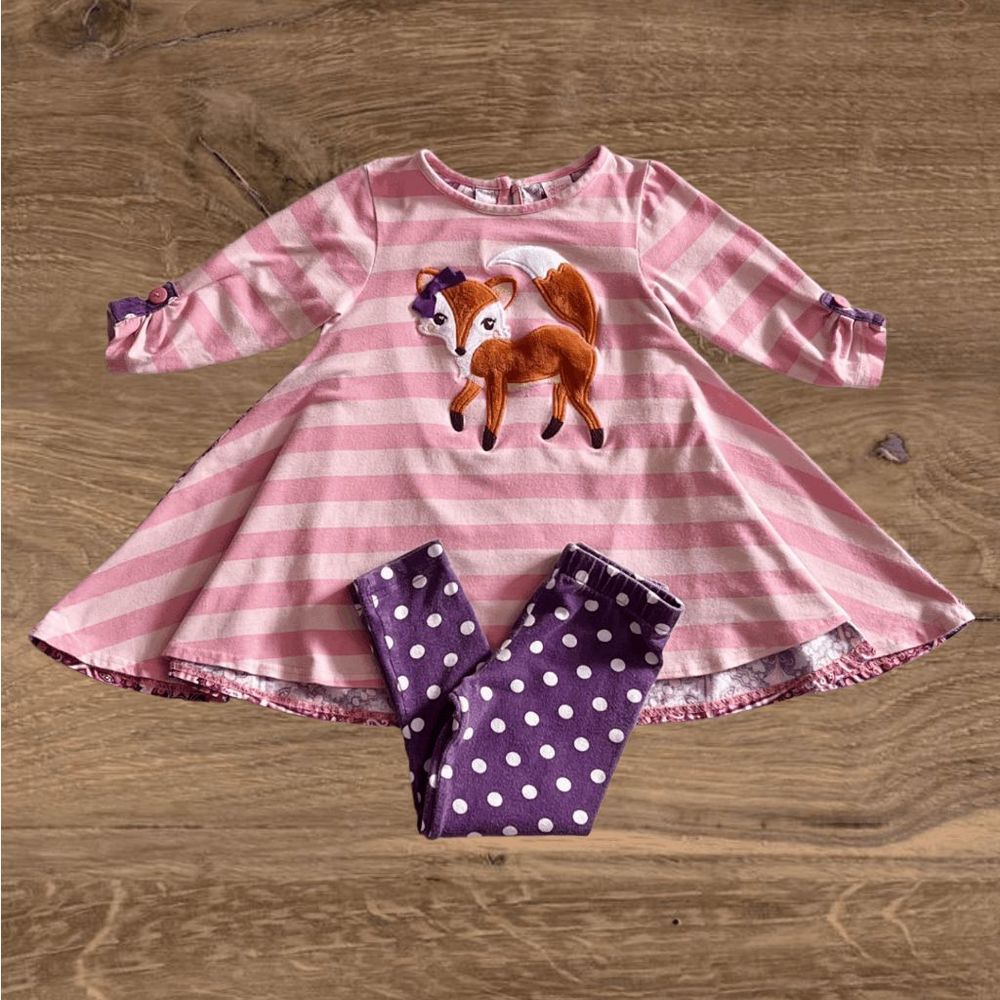 Ricrac & Ruffles Foxy Moxy Pink Stripe Purple Dots Fox Tunic Set - Size 3T